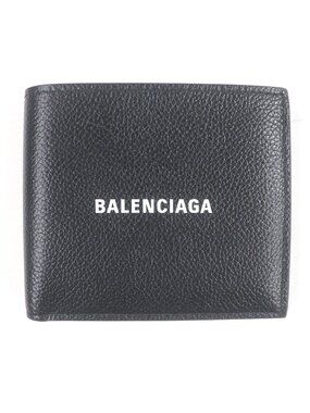 Balenciaga Logo Leather Bifold Compact Wallet Billfold Black